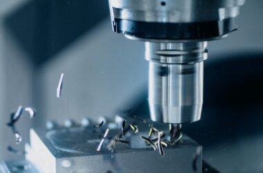 Close-up of a CNC milling machine working on metal for precise manufacturing.